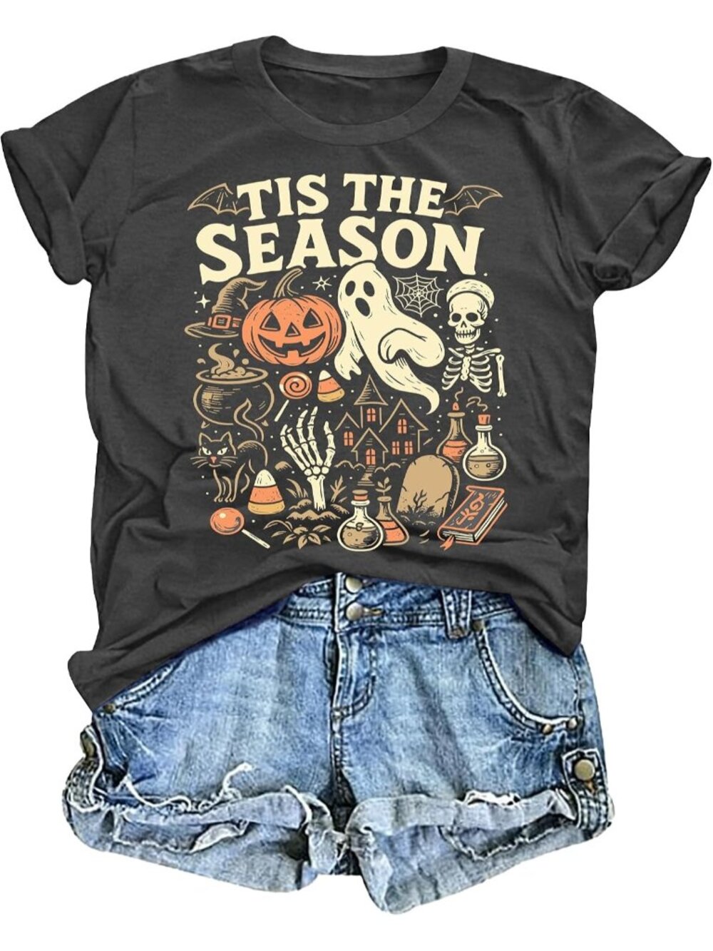 🆕 Womens Tis The Season Halloween Gray Graphic Tee Short Sleeve Casual Tee